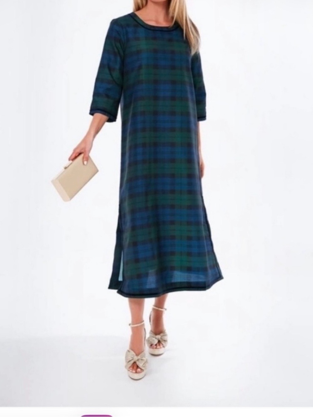 Tuckernuck Plaid Maxi Dress in Blue & Green
with Velvet Trim Holiday Size L NWT